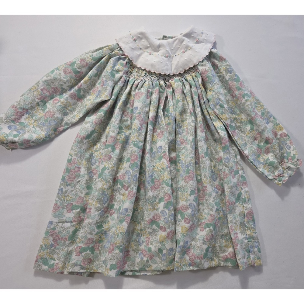 Vintage 90s Smocked Floral Girls Dress 2T Pastel Cottagecore Handmade Style